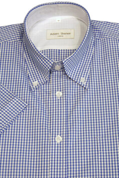 Button Down Short Sleeve Shirt - Blue & White Gingham Check - 100% Cotton