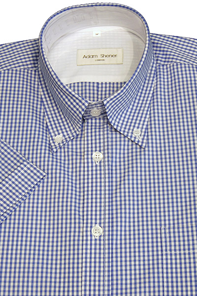 Button Down Short Sleeve Shirt - Blue & White Gingham Check - 100% Cotton