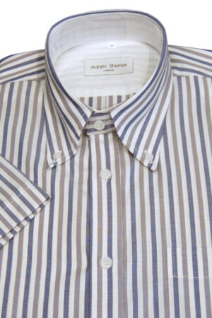Button Down Short Sleeve Shirt - Tan & Navy Blue Stripe - 100% Cotton Oxford