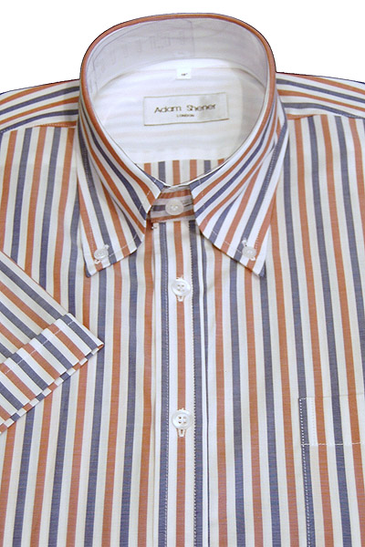 Button Down Short Sleeve Shirt - Red & Navy Blue Stripe - 100% Cotton Oxford