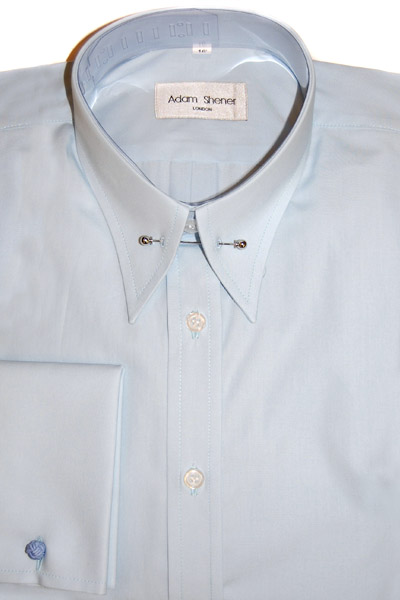 Pin Through Collar Shirt - Plain Sky Blue Poplin - Double Cuff - Pin included