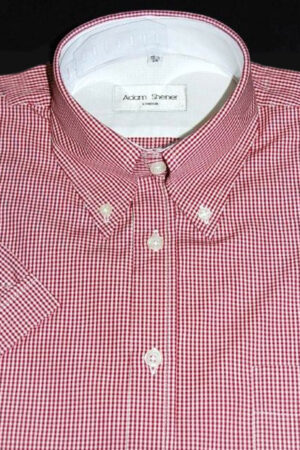 Button Down Short Sleeve Shirt - Red & White Small Gingham - 100% Cotton