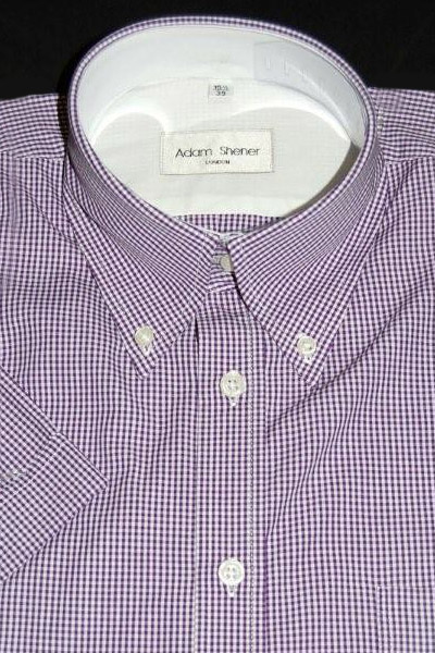 Button Down Short Sleeve Shirt - Purple & White Small Gingham - 100% Cotton