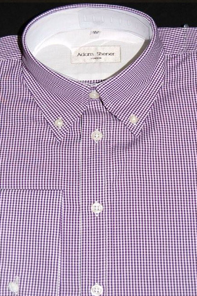 Button Down Collar Shirt - Purple & White Small Gingham - 100% Cotton