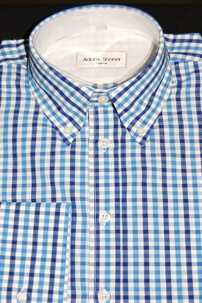 Button Down Collar Shirt - Blue, Navy & White Gingham Check  - 100% Cotton