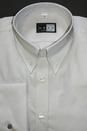 Button Down Collar Shirt - Light Grey and White Stripe - 100% Cotton