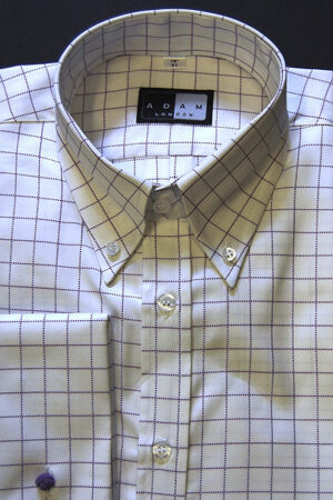 Button Down Collar Shirt - Purple and White Check - 100% Cotton