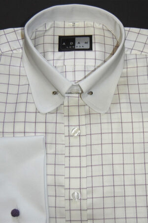 Penny Round P T Collar Shirt - Purple and White Check - White Collar & Double Cuffs - Pin included