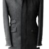 Overcoat - Three Quarter Length Black Coat in Pure Wool Herringbone