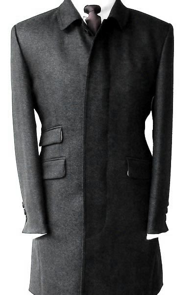 Overcoat - Three Quarter Length Black Coat in Pure Wool Herringbone