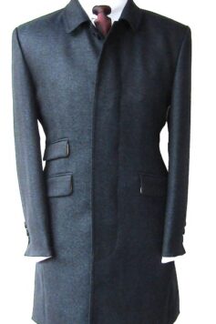 Overcoat - Three Quarter Length Navy Blue Coat in Pure Wool Herringbone