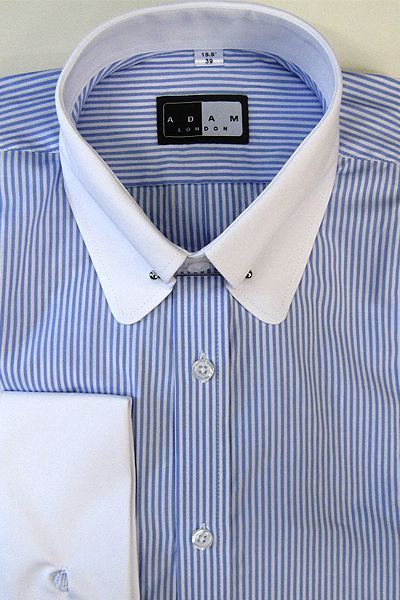 Penny Round P T Collar Shirt - Long Sleeve Blue and White Stripe - White Collar & Double Cuffs - Pin included