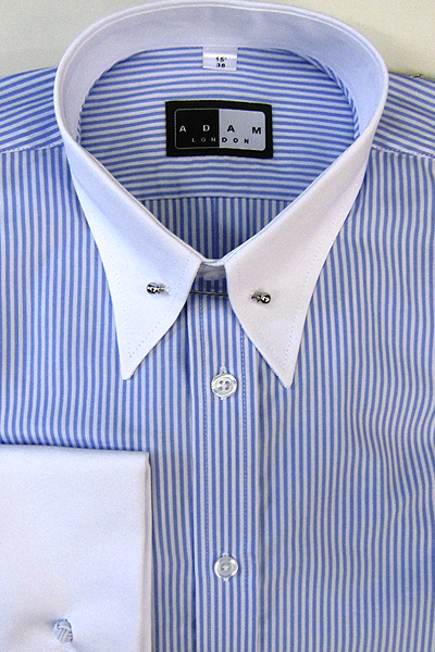 Pointed P T Collar Shirt - Long Sleeve Blue and White Stripe - White Collar & Double Cuffs - Pin included