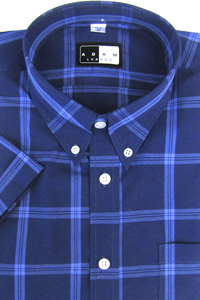 Button Down Short Sleeve Shirt - Navy & Sky Check - 100% Cotton