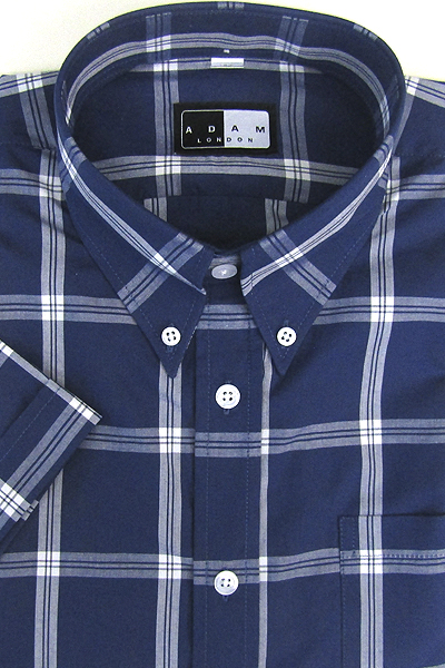 Button Down Short Sleeve Shirt - Navy & White Check - 100% Cotton