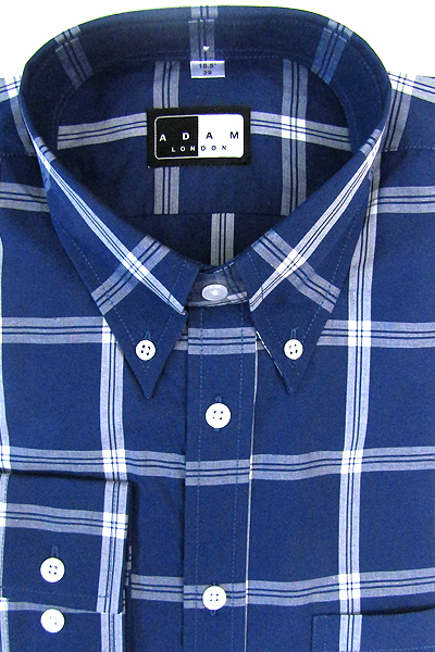 Button Down Collar Shirt - Navy & White Check - Single 2 Button Cuffs - 100% Cotton