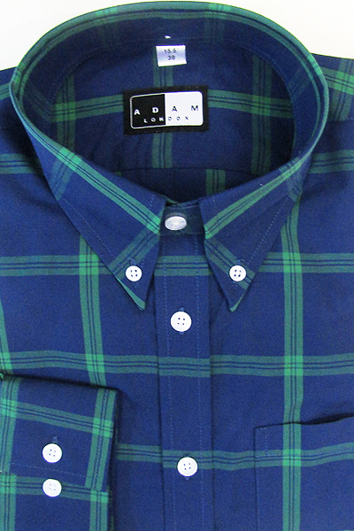 Button Down Collar Shirt - Navy & Green Check - Single 2 Button Cuffs - 100% Cotton