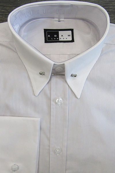 Pointed P T Collar Shirt - Long Sleeve Light Grey -Lilac Stripe - White Collar & Double Cuffs - Pin included