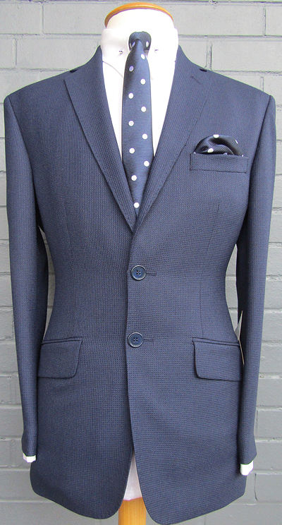 2 Button Waffle Weave Wool Suit - Navy - 2 side slanted flapped pockets with a centre vent