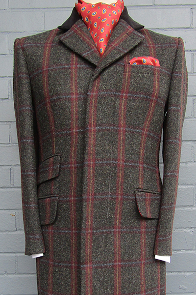 Overcoat - Charcoal with Burgundy, Tan & Blue Check -100% Superfine Wool with Matching Velvet Collar