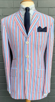 3 Button Boating Blazer - Red White Blue & Tan Multi Stripe - 100% Cotton Seersucker