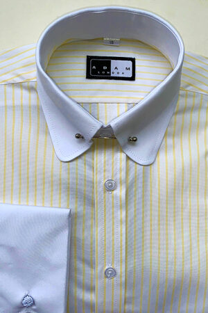 Penny Round Pin Through Collar Shirt Lemon Wide Stripe with White Contrast Collar and Double Cuffs in 100% Cotton.