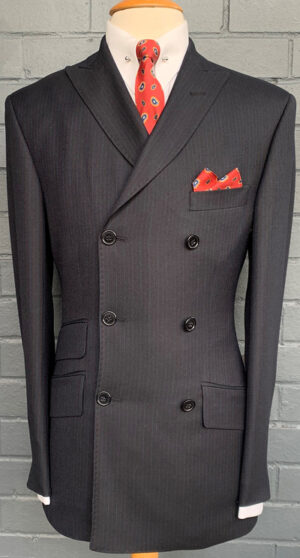Double Breasted Suit - All Wool Button Three Show Six Black Multi Stripe Suit  - Pure Wool Two Piece