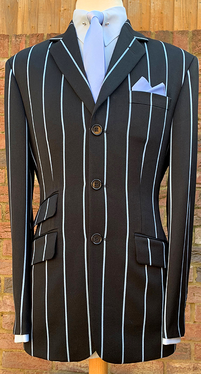 Single Breasted 3 Button Jacket with Ticket Pocket and Centre Vent, Dark Navy with Sky Blue Stripe, 70% Wool 30% Cotton.