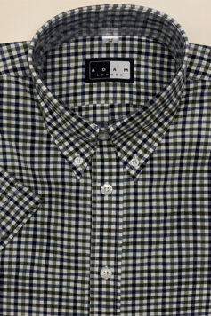 Button Down Short Sleeve Shirt - Brown/Blue/Black Double Gingham - 100% Cotton