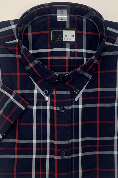 Button Down Short Sleeve Shirt - Black/White/Red Check - 100% Cotton