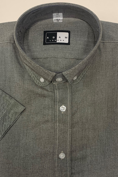 Button Down Penny Round Short Sleeve Shirt - Grey/Brown - 100% Cotton Chambre