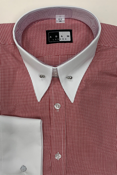 Pin Through Collar Shirt - Red-White Fine Gingham Check with White Contrast Collar - Double Cuff - 100% Cotton - Pin included