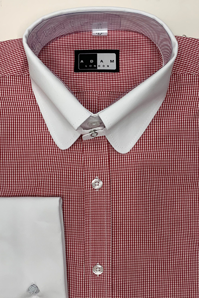 Tab Collar Shirt - Red/White Fine Gingham Check with White Contrast Collar & Double Cuffs - 100% Cotton
