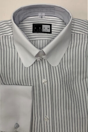 Tab Collar Shirt - Grey Stripe with White Contrast Collar & Double Cuffs - 100% Cotton