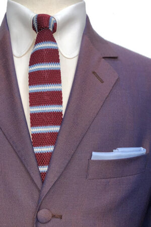100% Silk Knitted Tie - Burgundy with White & Sky Stripes