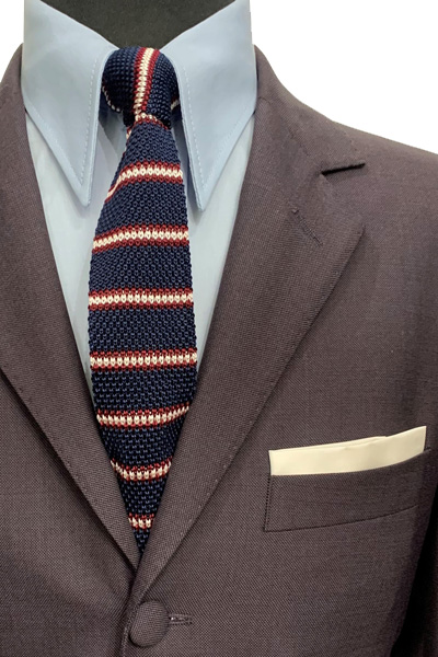 100% Silk Knitted Tie - Navy with White & Burgundy Stripes