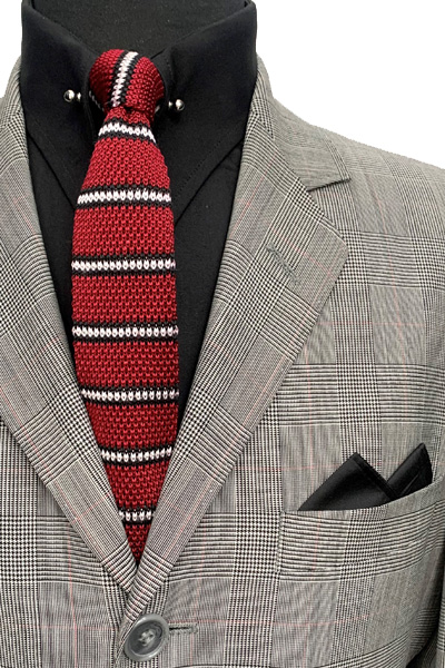100% Silk Knitted Tie - Red with White & Black Stripes