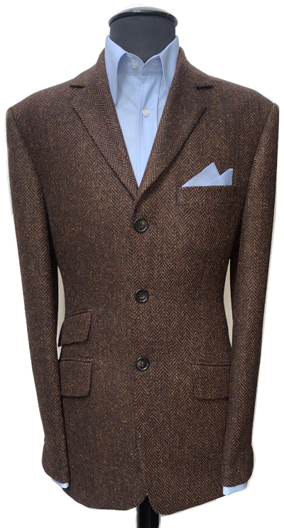 Single Breasted 3 Button Jacket with Centre Vent, Rust-Brown - Herringbone - Lamb’s Wool