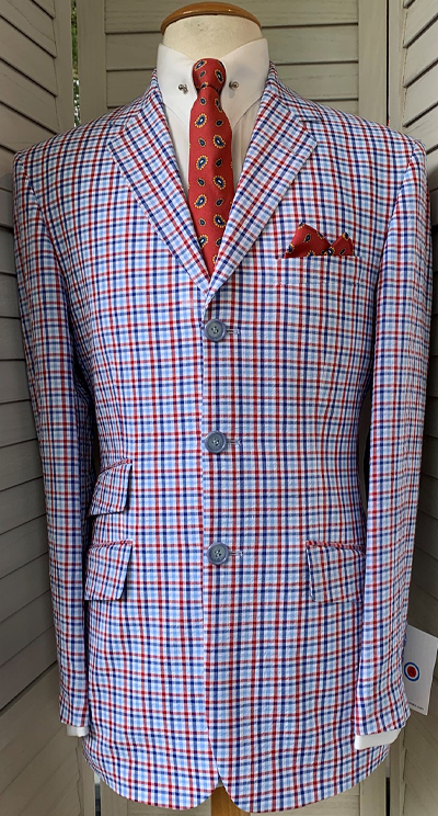 3 Button Single Breasted Jacket in a Blue/White/Red Check – 100% Cotton Seersucker
