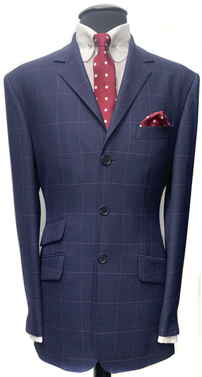 3 Button Single Breasted Blue-Black - Pink Prince Of Wales Check Suit - 100% Superfine Wool