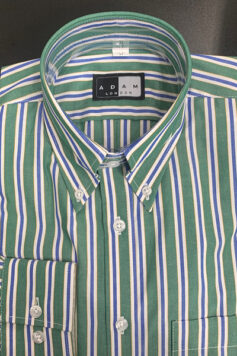 Button Down Collar with Single Button Cuffs in Green & Blue Stripe – 100% Cotton