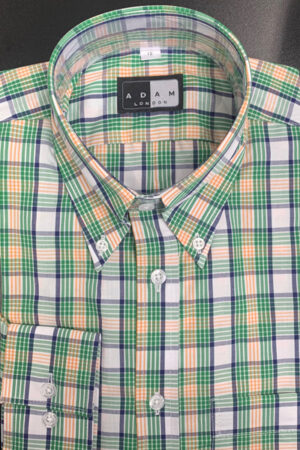 Button Down Collar with Single Button Cuffs in Green & Burnt Orange Check – 100% Cotton