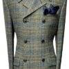 3 Button Double Breasted Jacket - Dark Green with Blue/Tan/Burnt Orange Overcheck - 100% Lambs Wool