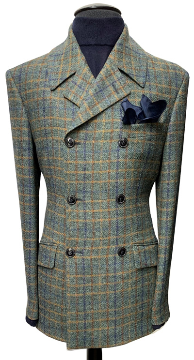 3 Button Double Breasted Jacket - Dark Green with Blue/Tan/Burnt Orange Overcheck - 100% Lambs Wool