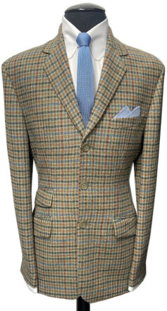 3 Button Single Breasted Jacket - Tan Gun Club with Blue/Red Overcheck - 100% Lambs Wool