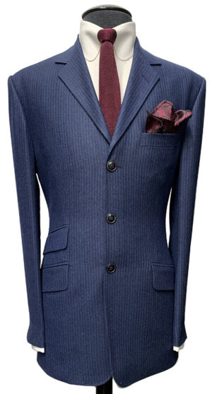 3 Button Stripe Suit - Navy Blue with Sky Stripe - Wool Blend