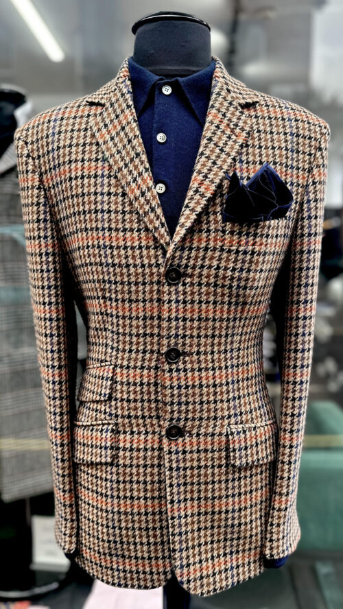 The Lambs Wool Three Button Tan, Burnt Orange & Navy Blue Check Jacket