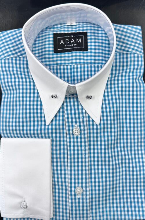 Turquoise Blue Check Spear Pin Contrast Collar Shirt