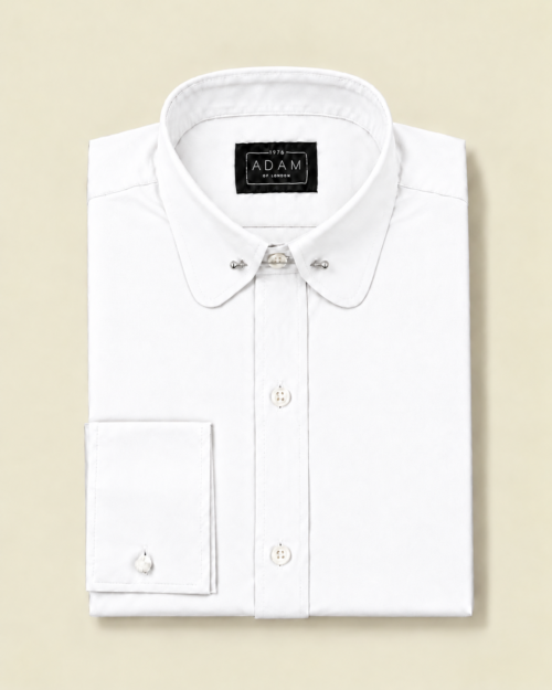 Men's White Cotton Shirt With A Penny Round Pin Through Collar